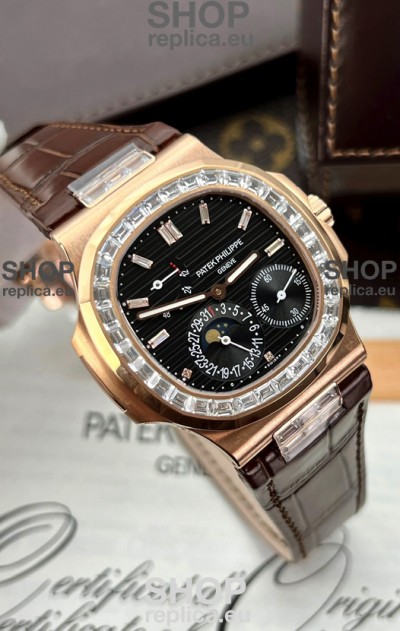 Patek Philippe Nautilus 5712R 1:1 Quality Swiss Replica Watch in Black Dial Brown Strap