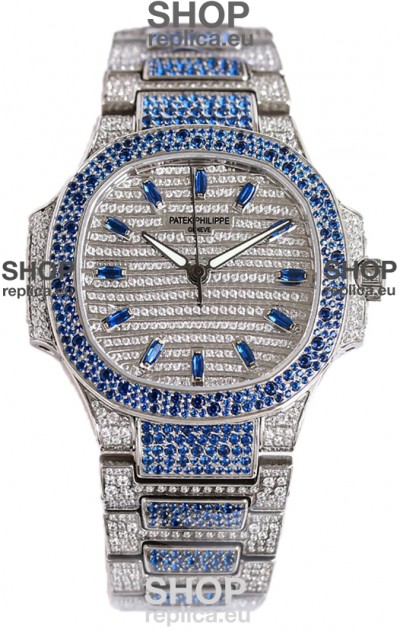 Patek Philippe Nautilus 7118R 35MM 1:1 Blue Diamonds Paved Watch in Steel Casing 
