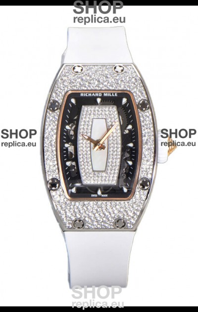 Richard Mille RM007 Diamonds Paved White Strap & Dial 904L Steel Superclone Swiss Watch