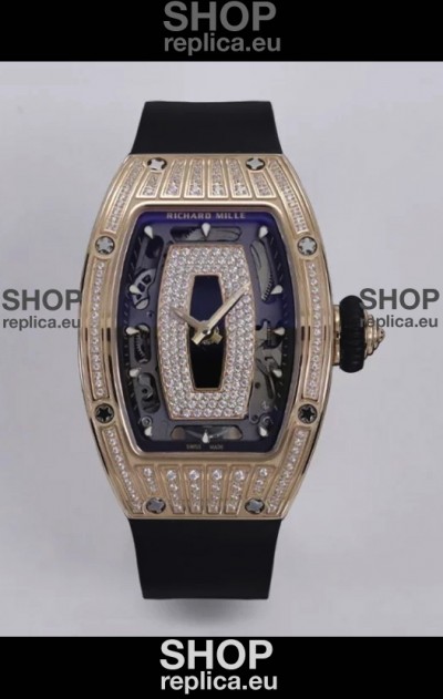 Richard Mille Super Clone RM07-01 Diamonds Paved 904L Rose Gold Casing Automatic Replica Watch
