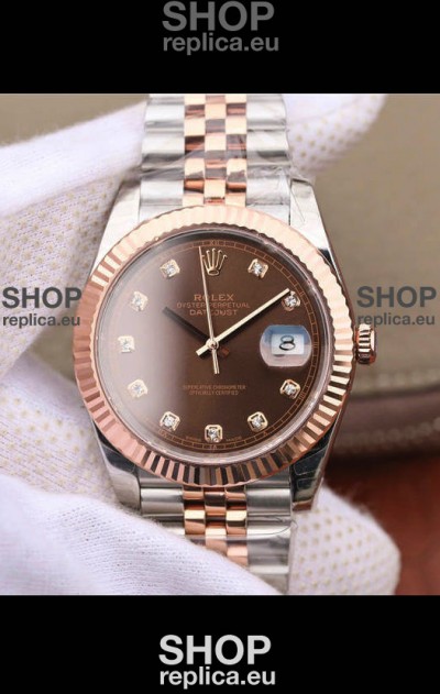 Rolex Datejust 41MM Cal.3135 Movement Swiss Replica Watch in 904L Steel Two Tone Brown Dial