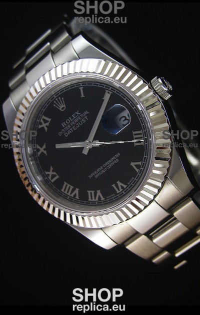 Rolex Datejust Japanese Replica Watch - Black Dial Roman Markers in 41MM with Oyster Strap