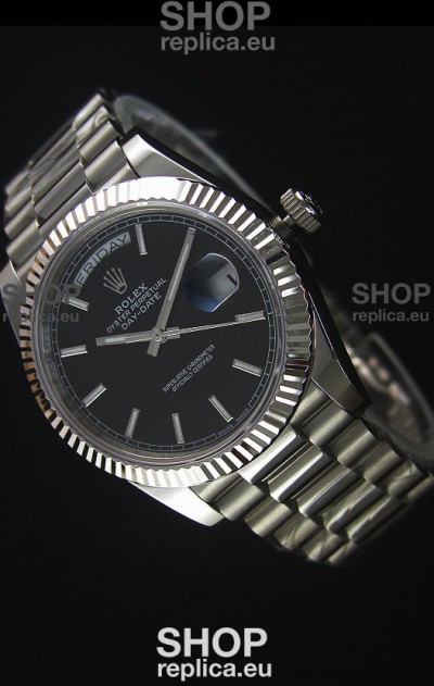 Rolex Day Date Japanese Replica Watch - Black Dial in Steel Casing - 40MM
