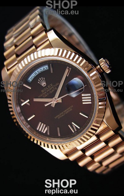 Rolex Day Date Japanese Replica Watch - Rose Gold Casing in Maroon Dial 40MM