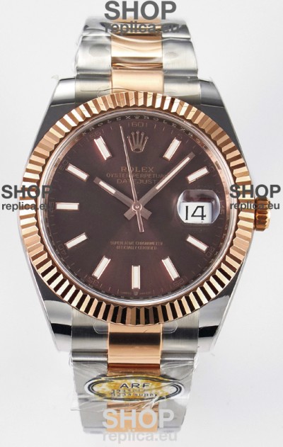 Rolex Super Clone Datejust ETA 3235 Movement 41MM Two Tone Rose Gold Plating Brown Dial Watch