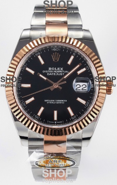Rolex Super Clone Datejust ETA 3235 Movement 41MM Two Tone Rose Gold Plating Black Dial Watch