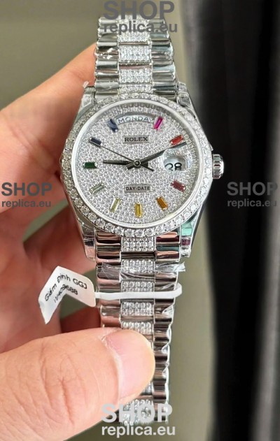Rolex Day Date Super Clone White Gold Plated Custom Modified Diamonds Paved Watch 