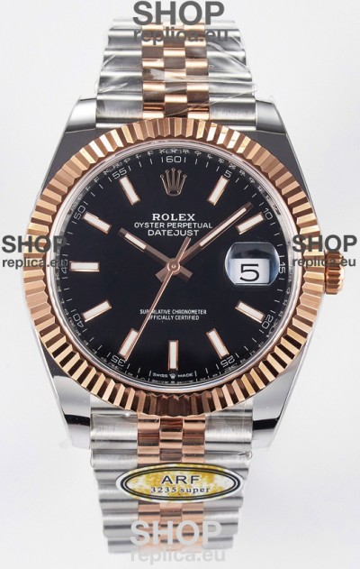 Rolex Super Clone Datejust ETA 3235 Movement 41MM Two Tone Rose Gold Plating Black Dial Watch