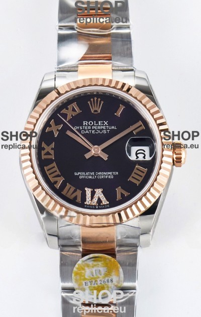 Rolex Super Clone Datejust ETA 2688 Movement 31MM Two Tone Rose Gold Swiss Black Dial