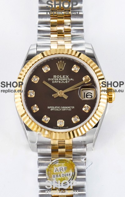 Rolex Super Clone Datejust ETA 2688 Movement 31MM Two Tone Yellow Gold Brown Dial