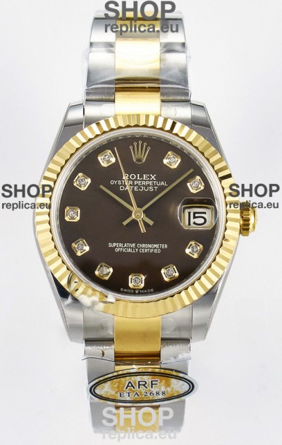 Rolex Super Clone Datejust ETA 2688 Movement 31MM Two Tone Yellow Gold Brown Dial 