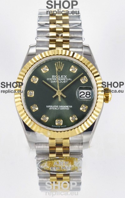 Rolex Super Clone Datejust ETA 2688 Movement 31MM Two Tone Yellow Gold Swiss Green Dial 