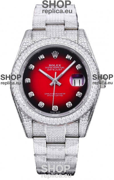 Rolex Datejust 41MM Swiss Replica - Iced Out Edition in Red Dial 