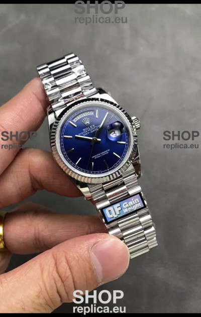 Rolex Day Date Super Clone Stainless Steel Blue Dial Watch 36MM - 1:1 Mirror Quality