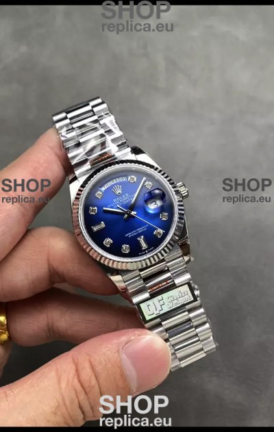 Rolex Day Date Super Clone Stainless Steel Blue Dial Diamonds Numerals Watch 36MM - 1:1 Mirror Quality