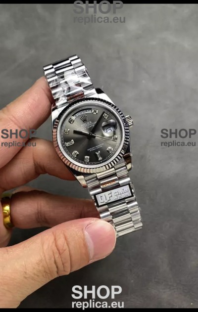 Rolex Day Date Super Clone Stainless Steel Grey Dial Diamonds Numerals Watch 36MM - 1:1 Mirror Quality