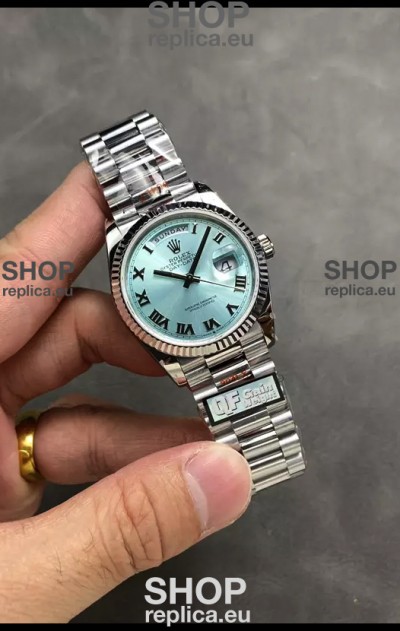 Rolex Day Date Super Clone Stainless Steel Ice Blue Dial Roman Numerals Watch 36MM - 1:1 Mirror Quality