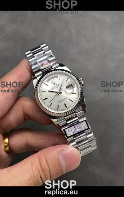 Rolex Day Date Super Clone Stainless Steel Silver Dial Steel Numerals Watch 36MM - 1:1 Mirror Quality