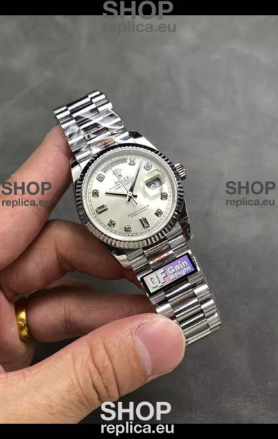 Rolex Day Date Super Clone Stainless Steel Silver Dial Diamonds Numerals Watch 36MM - 1:1 Mirror Quality