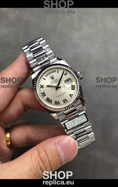 Rolex Day Date Super Clone Stainless Steel Silver Dial Roman Numerals Watch 36MM - 1:1 Mirror Quality