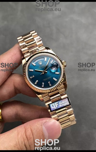 Rolex Day Date Super Clone Rose Gold Blue Dial Crystal Numerals Watch 36MM - 1:1 Mirror Quality