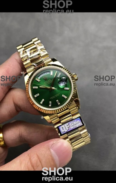 Rolex Day Date Super Clone Yellow Gold Green Dial Crystal Numerals Watch 36MM - 1:1 Mirror Quality