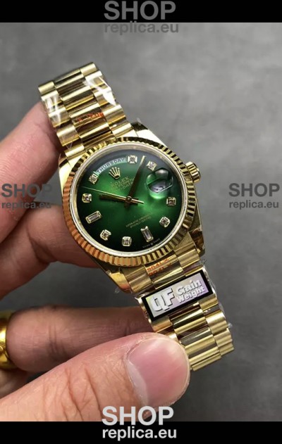 Rolex Day Date Super Clone Yellow Gold Green Dial Diamonds Numerals Watch 36MM - 1:1 Mirror Quality