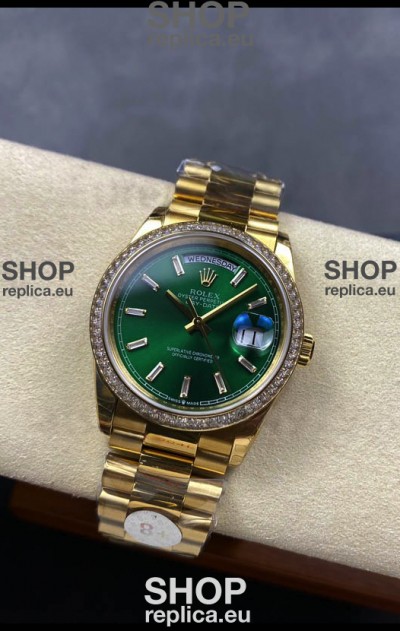 Rolex Day Date Super Clone Yellow Gold Green Dial Crystal Numerals Watch 36MM - 1:1 Mirror Quality