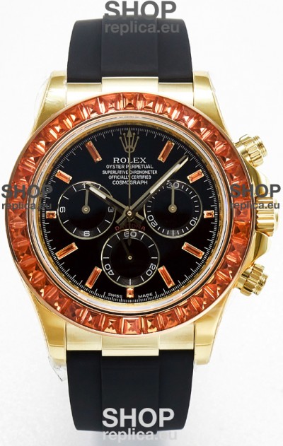 Rolex Daytona Super Clone Daytona Yellow Gold Casing Black Dial with Sapphires Bezel 