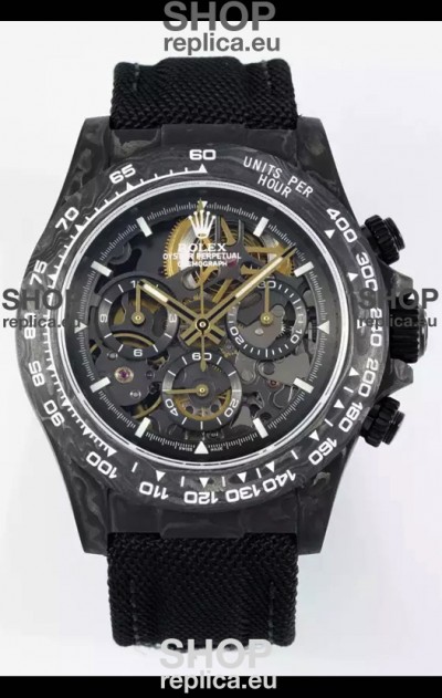 Rolex Daytona Super Clone DiW Skeleton Carbon Edition Watch - Forged Carbon Casing Black Strap 1:1 Mirror Replica