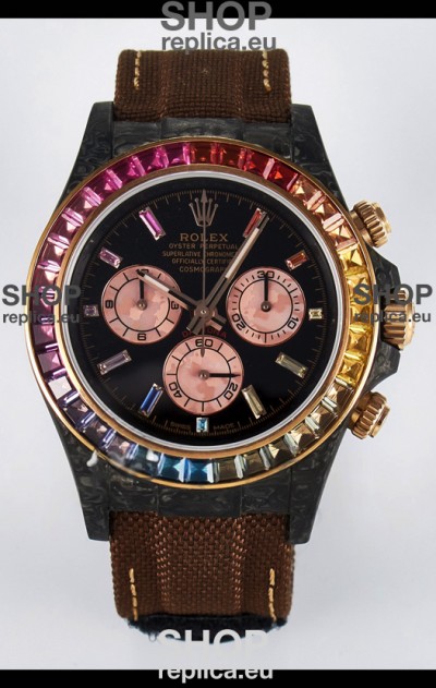 Rolex Daytona Super Clone DiW Carbon Edition Rainbow Bezel - Forged Carbon Casing Khaki Strap 1:1 Mirror Replica
