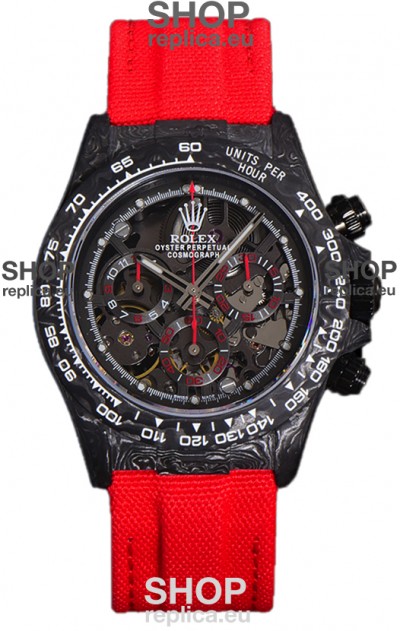 Rolex Daytona DiW Skeleton Carbon Edition Watch - Forged Carbon Casing Red Strap 1:1 Mirror Replica
