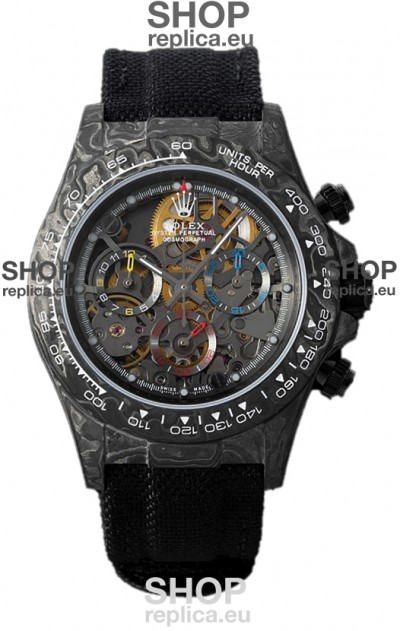 Rolex Daytona DiW Skeleton Carbon Edition Watch - Forged Carbon Casing Black Strap 1:1 Mirror Replica