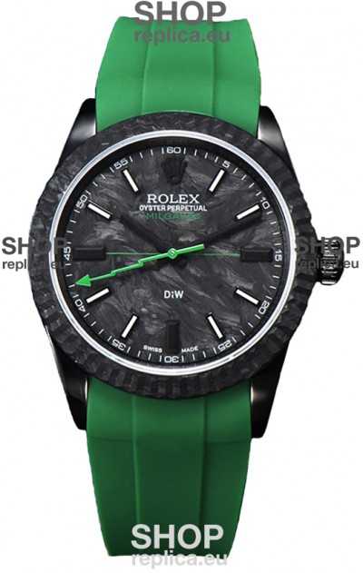 Rolex Milgauss DiW Black Carbon Casing Watch - ETA2836 Automatic Movement in Green Strap 