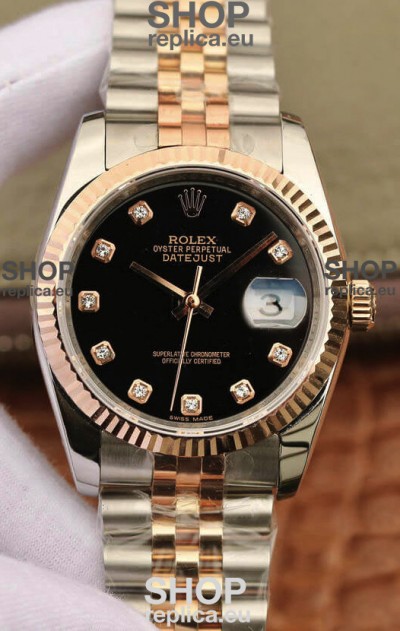 Rolex Datejust 36MM ETA-3135 Movement Swiss Replica in 904L Two Tone Black Dial
