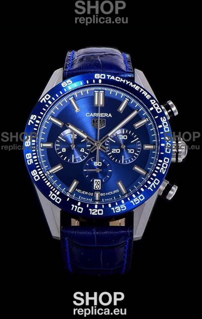 Tag Heuer Carrera Swiss Quartz Movement Replica Watch in Blue Dial - Blue Leather Strap
