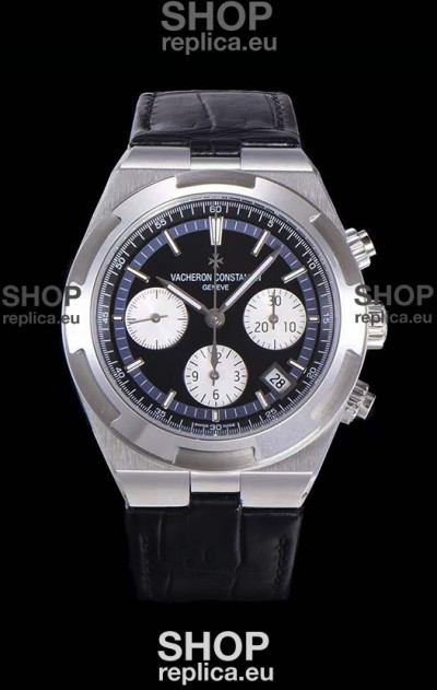 Vacheron Constantin Overseas Chronograph Black Dial Swiss Replica Watch - Leather Strap