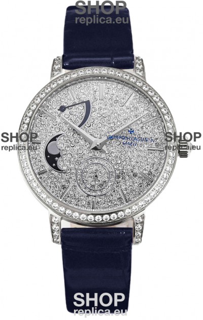 Vacheron Constantin Traditionelle Moon Phase Diamond Paved Dial in White Gold Swiss Replica