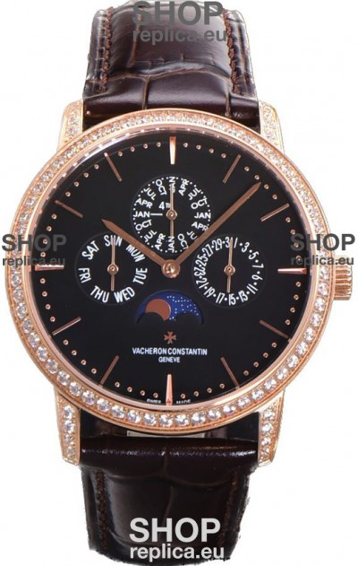 Vacheron Constantin Patrimony Perpetual Calendar Ultra-Thin Rose Gold Black Dial Swiss Replica