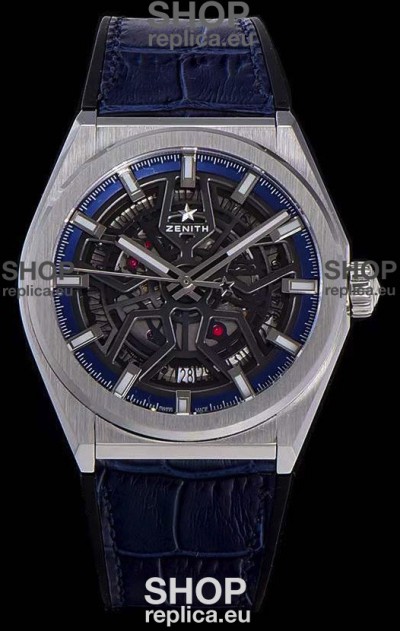 Zenith Defy Classic Skeleton 41 mm Titanium Men's Swiss Replica Watch - Blue Leather Strap