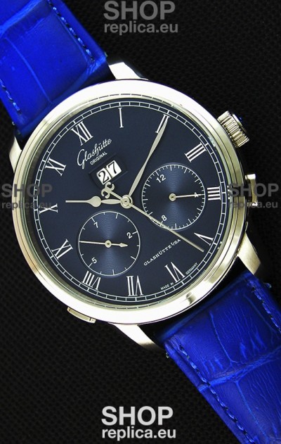 Glashuette Dual Sub Dial Japanese Replica Watch in Blue Dial