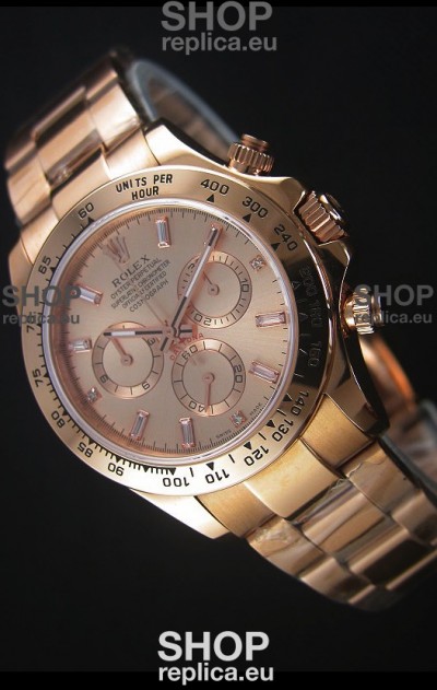 Rolex Daytona Rose Gold Casing with Baguette Diamonds Markers Swiss Replica Watch