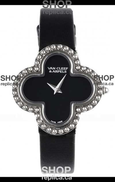 Van Cleef & Arpels Alhambra Stainless Steel Black Strap Watch 