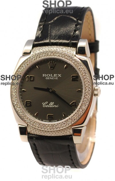 Rolex Cellini Cestello Ladies Swiss Watch in Matte Black Face Diamonds Bezel and Lugs