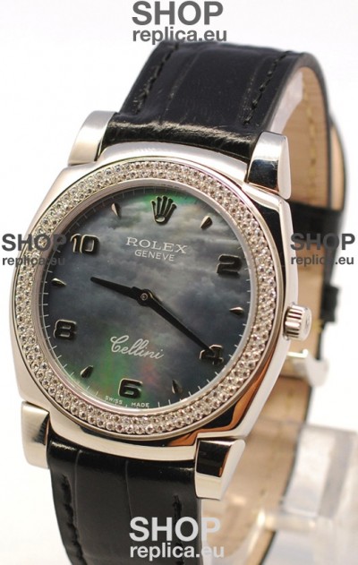 Rolex Cellini Cestello Ladies Swiss Watch in Black Pearl Face Diamonds Bezel 